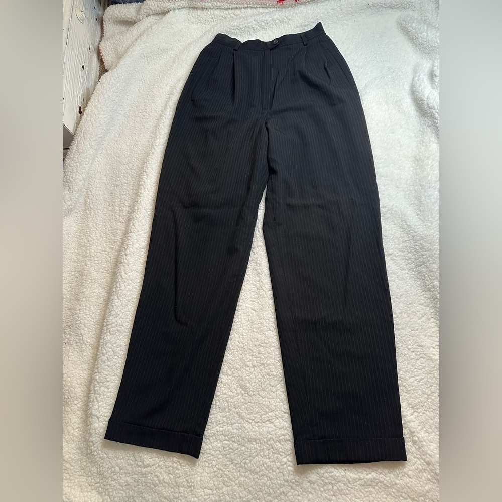 Vintage Ralph Lauren 100% Pure New Wool Lined Black Pin Striped Pleated Pants